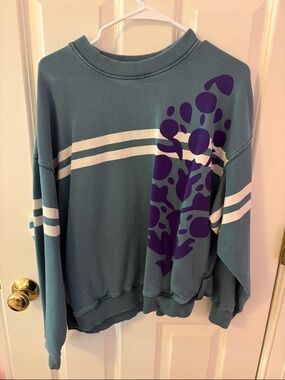 Free People Teal Crewneck Sweater with Purple Graphic